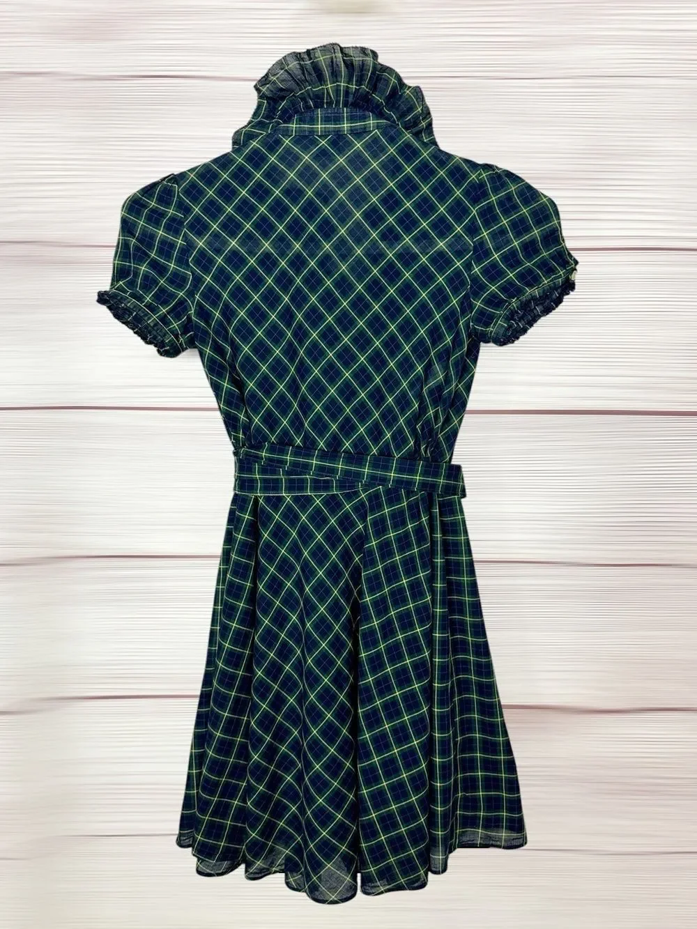 Ralph Lauren Blue Label Plaid Ruffled Cotton Wrap Dress Green Blue Girls size 8